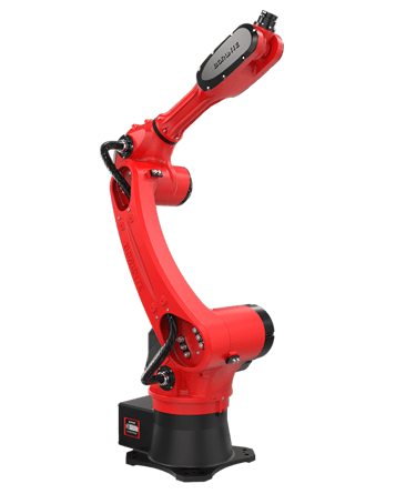 Ciężki przemysłowy robot 6-osiowy z srebrnymi i żółtymi akcentami na ciemnym tle